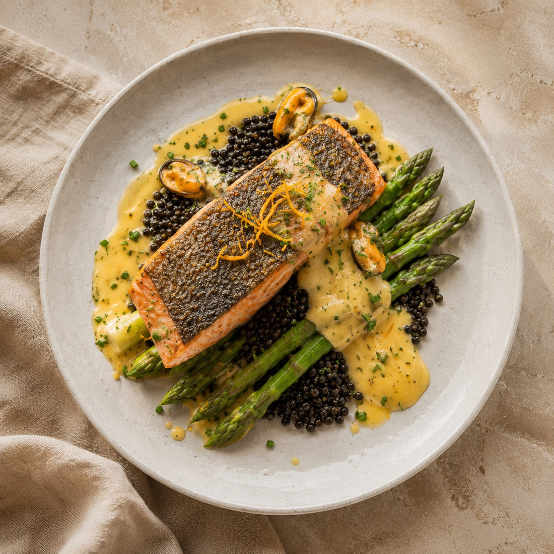 Lachsfilet mit Zitrus-Hollandaise, grünem Spargel & Belugalinsen