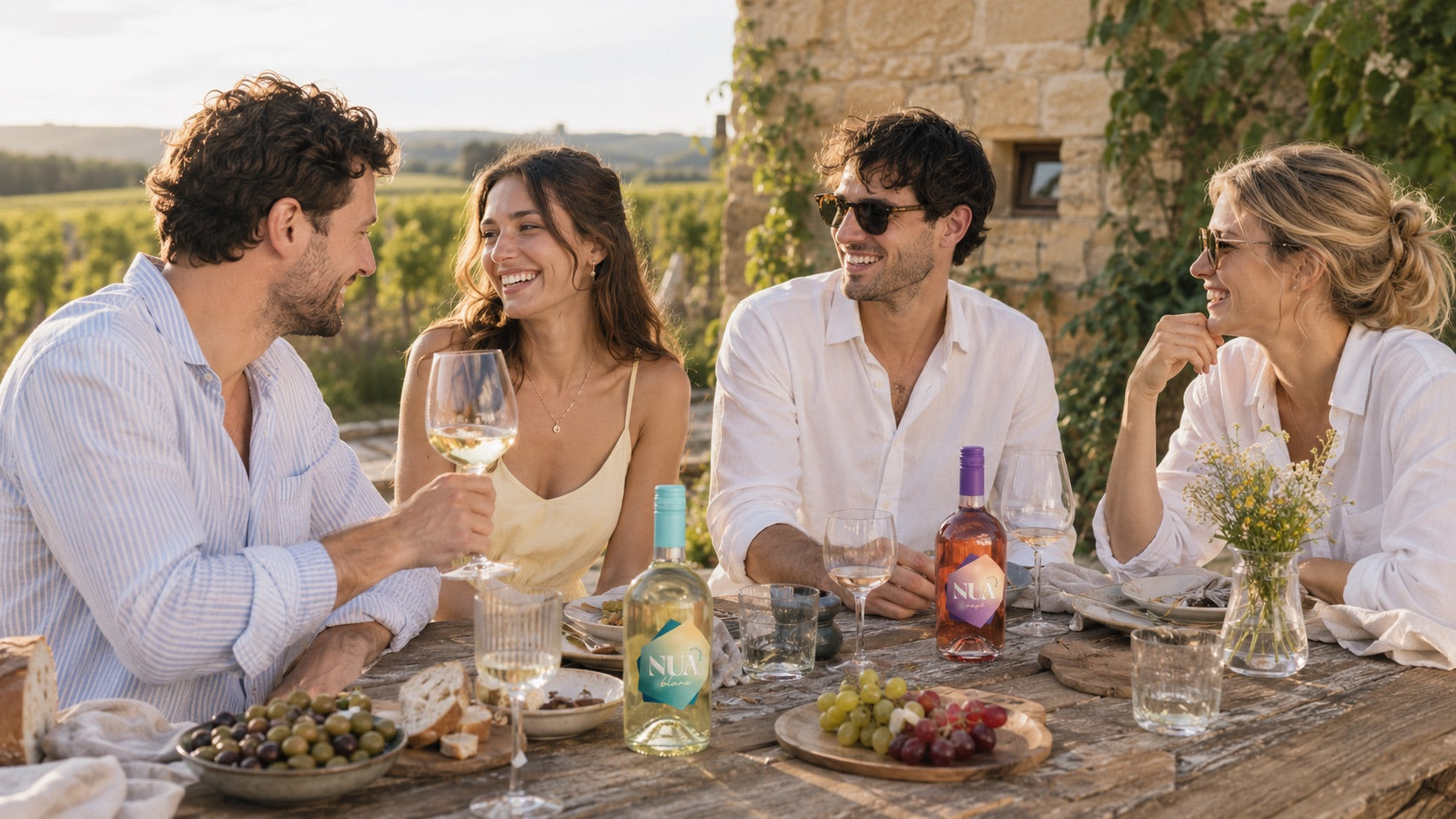 Vier Freunde stoßen an einer Gartentafel vor einem Weingut mit NUA Blanc und Rosé an, Weinberge im Abendlicht